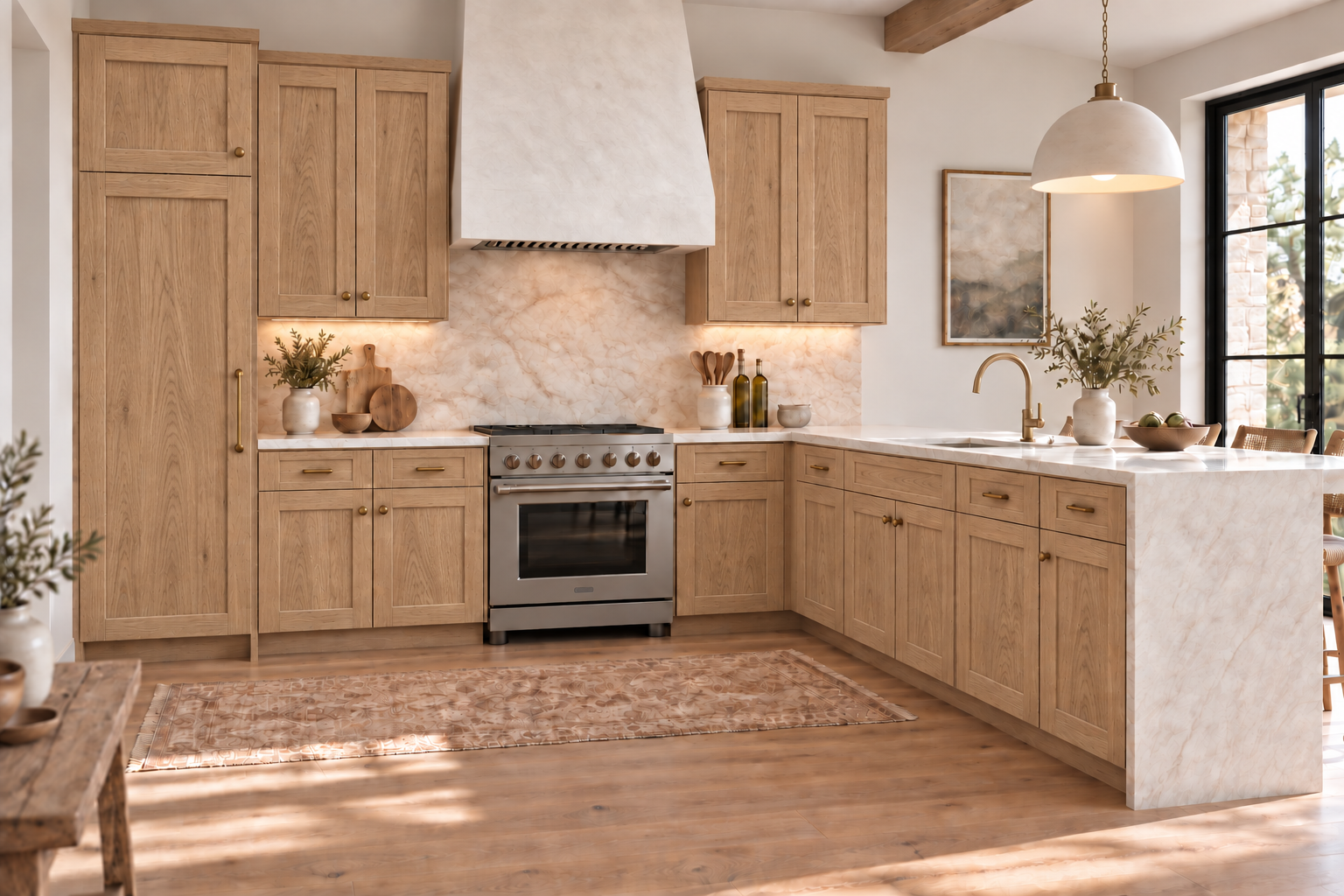 A peninsula kitchen with natural White Oak Shaker cabinetry, pale stone countertops and natural daylight.