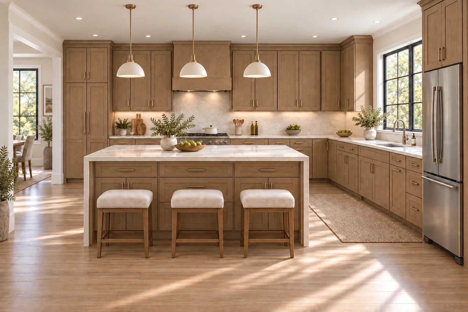 An l-shaped kitchen with Honey wood Shaker cabinetry, pale stone countertops and natural daylight.