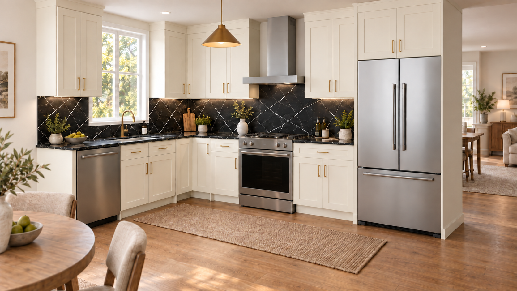 Vanilla Shaker — L-shaped kitchen with dark stone.