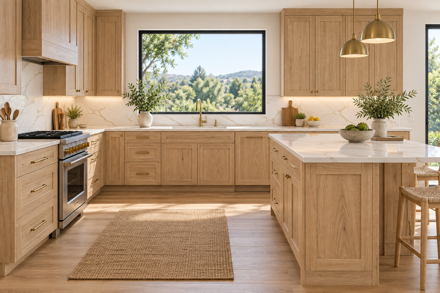 White Oak Shaker — L-shaped kitchen with island.