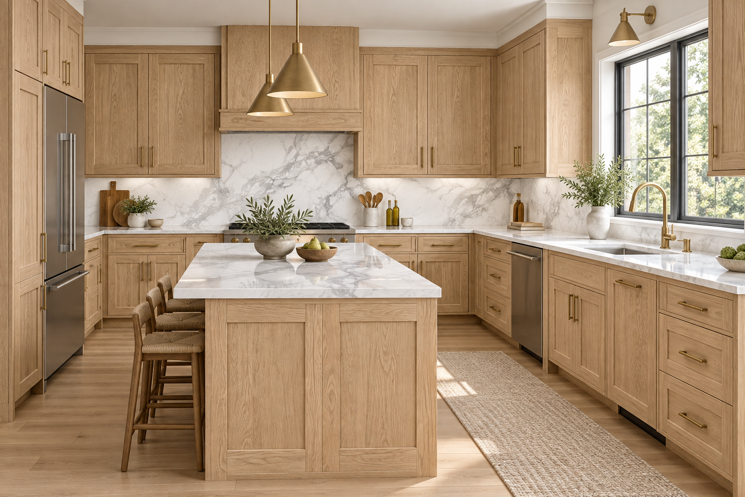 White Oak Shaker — U-shaped kitchen with island.