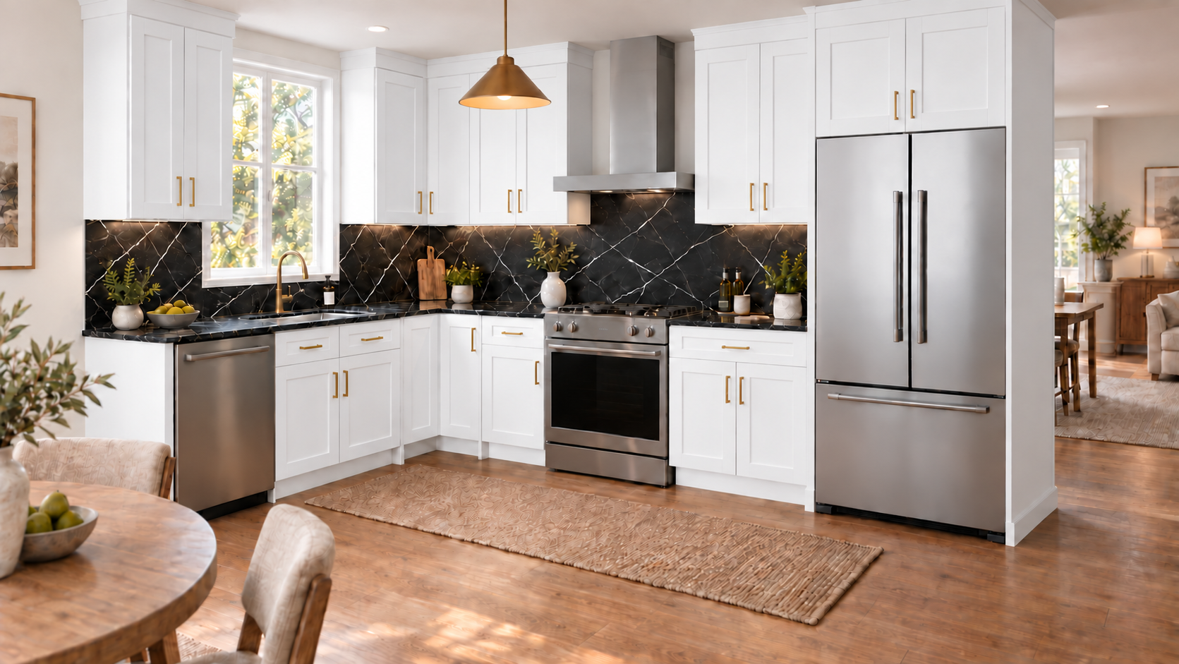 White Shaker — L-shaped kitchen with dark stone.